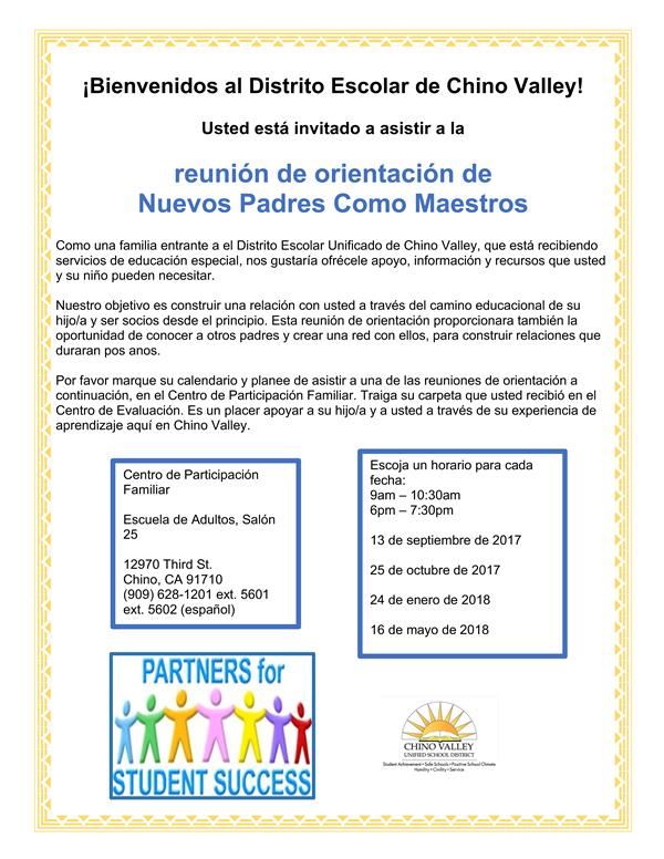 New Parents as Partners Orientation Meeting Flyer Spanish